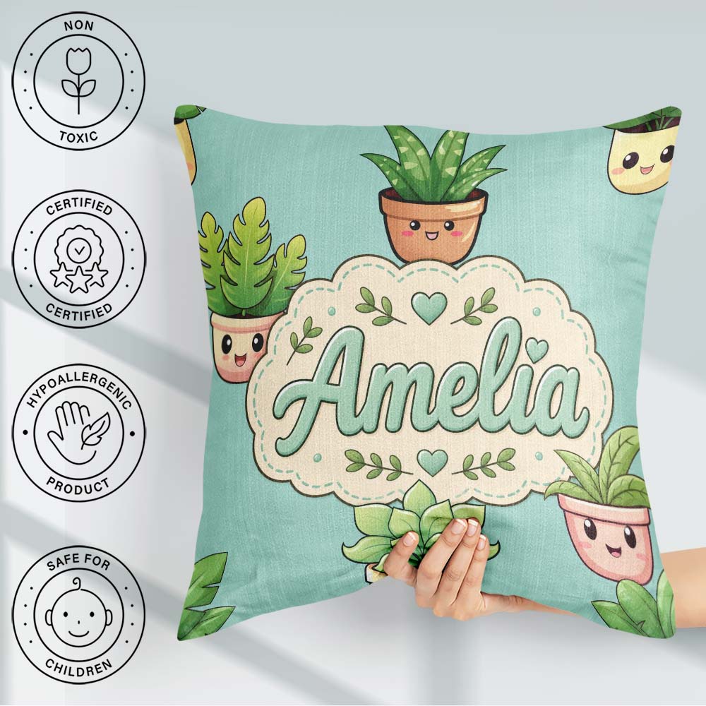 Custom Name Cute Kawaii Smiling Plant Pots Seamless Pattern Mint Square Filled Cushion Throw Pillow Sofa Bed Home Decor Zip Washable UK Made