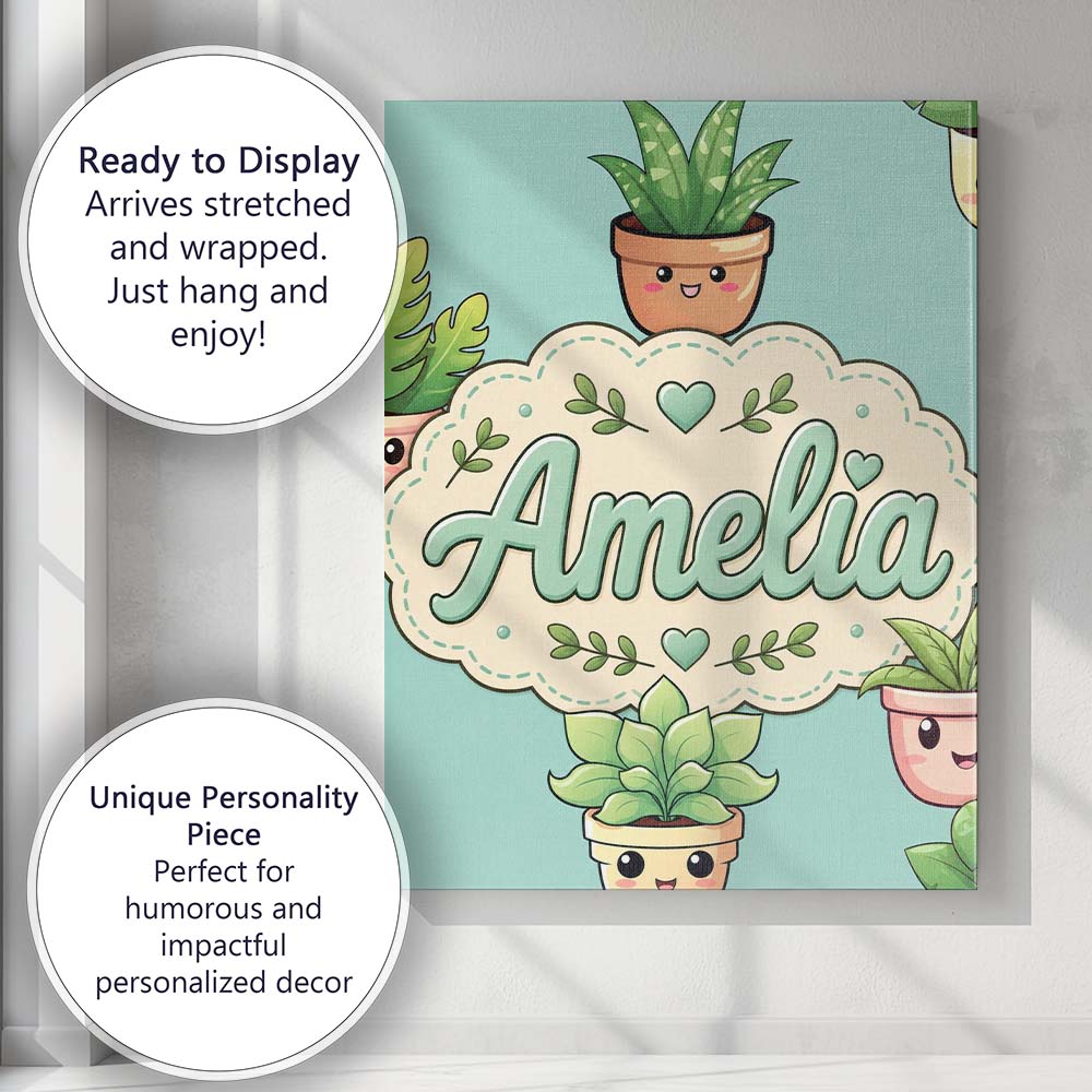 Personalised Name Cute Kawaii Smiling Plant Custom Bespoke Interior Contemporary Canvas Wall Art Print Decor Picture Ready to Hang