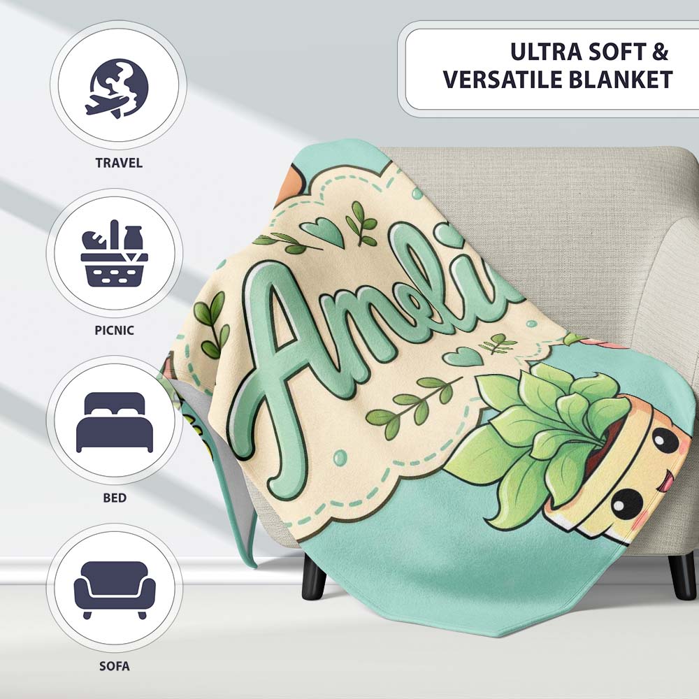Cute Kawaii Smiling Plant Pots Leaves Seamless Pattern Mint Lovely Personalised Custom Name Super Soft Fleece Blanket Bed Sofa Throw