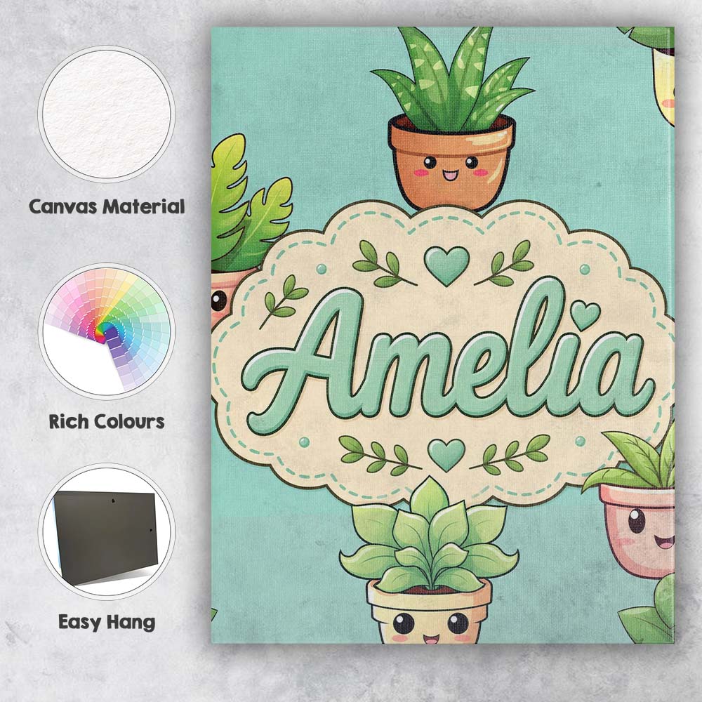 Personalised Name Cute Kawaii Smiling Plant Custom Bespoke Interior Contemporary Canvas Wall Art Print Decor Picture Ready to Hang