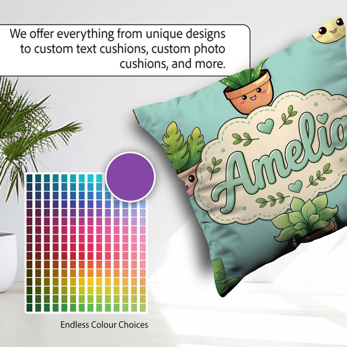 Custom Name Cute Kawaii Smiling Plant Pots Seamless Pattern Mint Square Filled Cushion Throw Pillow Sofa Bed Home Decor Zip Washable UK Made