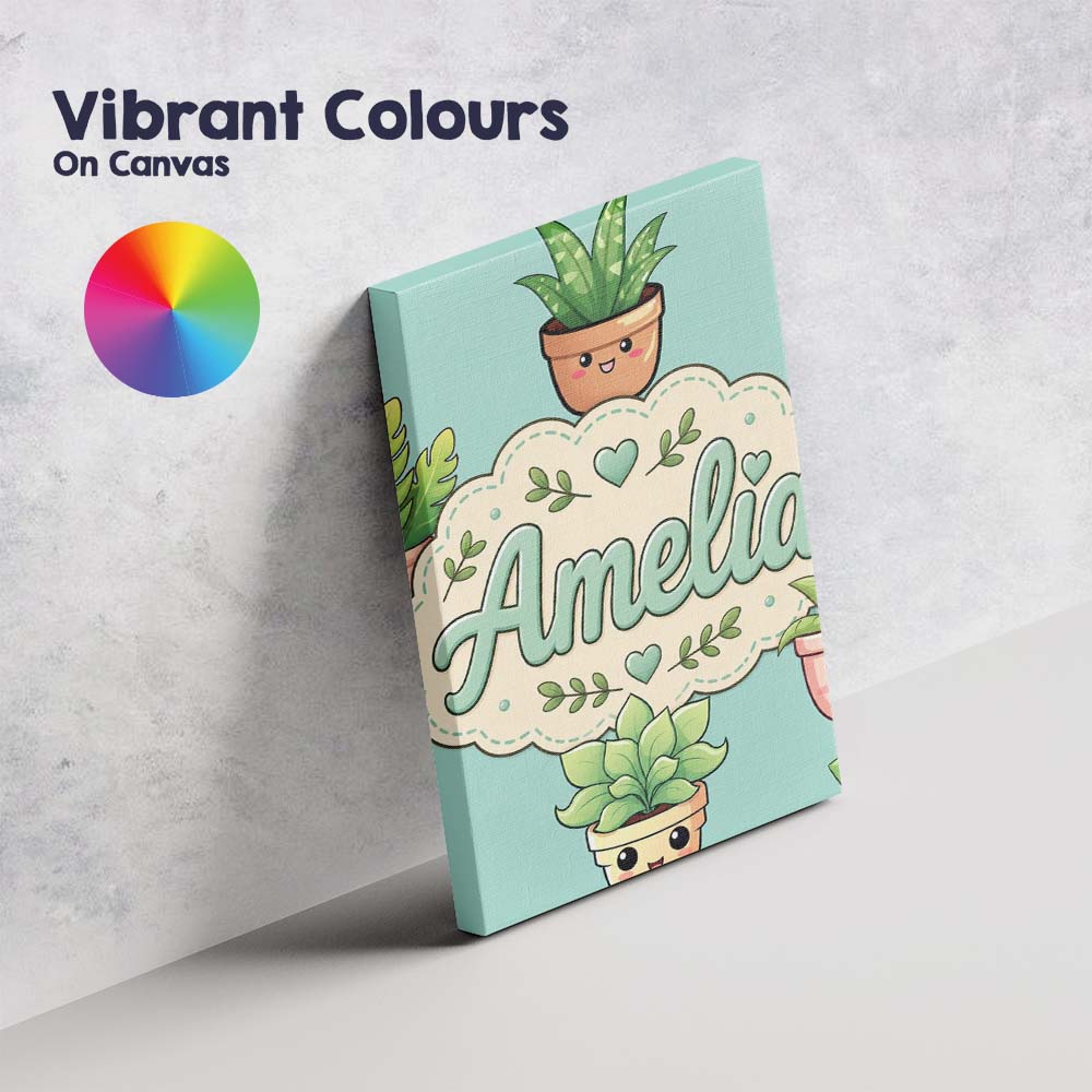 Personalised Name Cute Kawaii Smiling Plant Custom Bespoke Interior Contemporary Canvas Wall Art Print Decor Picture Ready to Hang