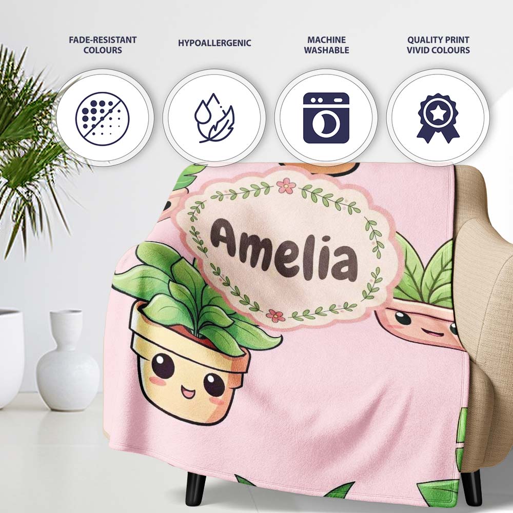 Cute Kawaii Smiling Plant Pots Leaves Seamless Pattern Blush Lovely Personalised Custom Name Super Soft Fleece Blanket Bed Sofa Throw