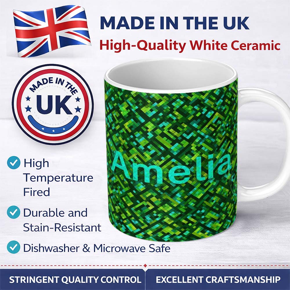 Personalized Custom Name Green Pixel Geometric Abstract Seamless Pattern Stylish Everyday Mug 11oz Ceramic Coffee Tea Mug White Large Handle