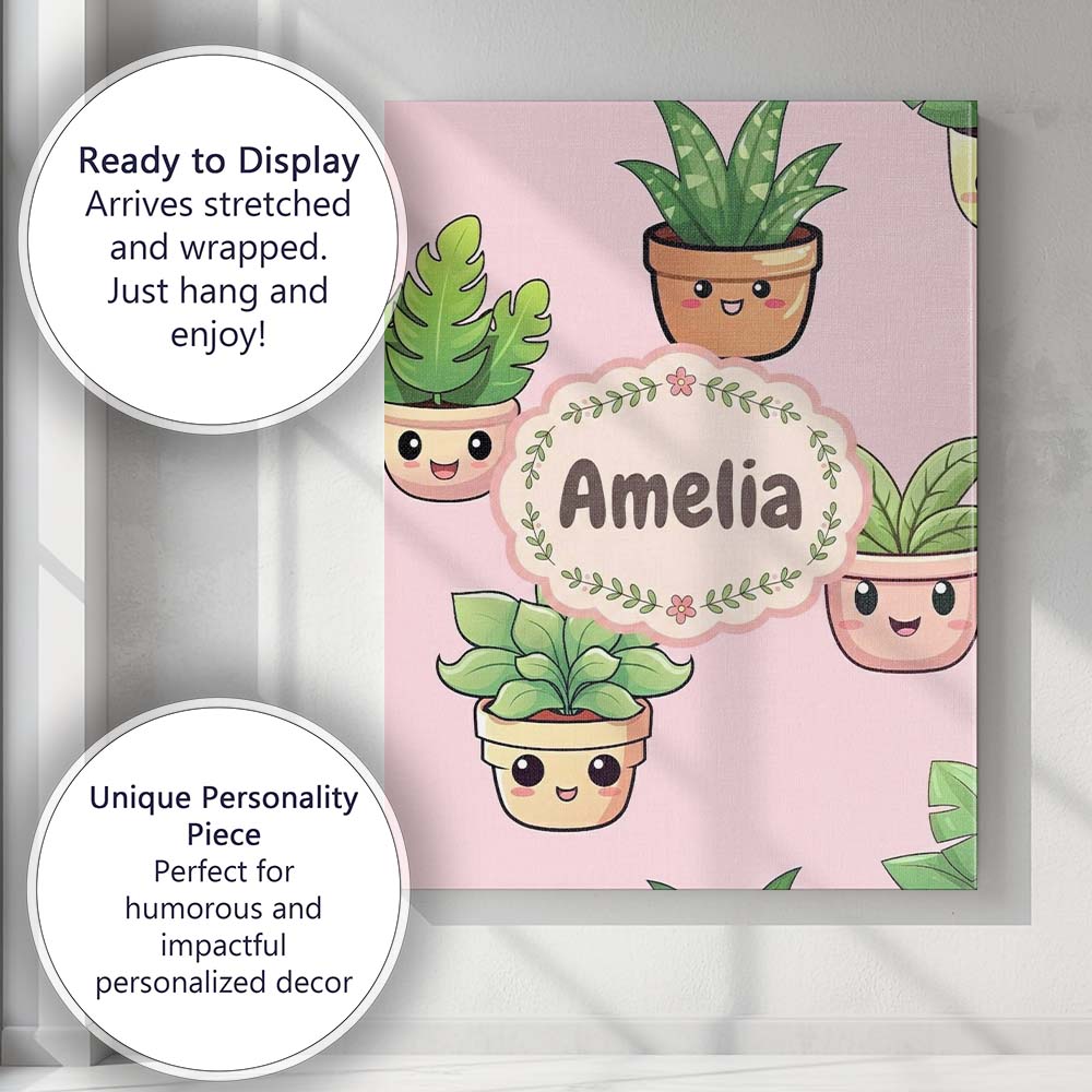 Personalised Name Cute Kawaii Smiling Plant Custom Bespoke Interior Contemporary Canvas Wall Art Print Decor Picture Ready to Hang