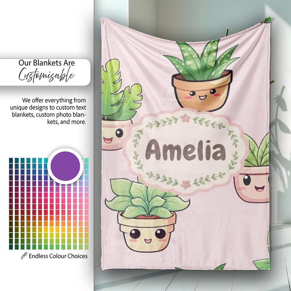Cute Kawaii Smiling Plant Pots Leaves Seamless Pattern Blush Lovely Personalised Custom Name Super Soft Fleece Blanket Bed Sofa Throw