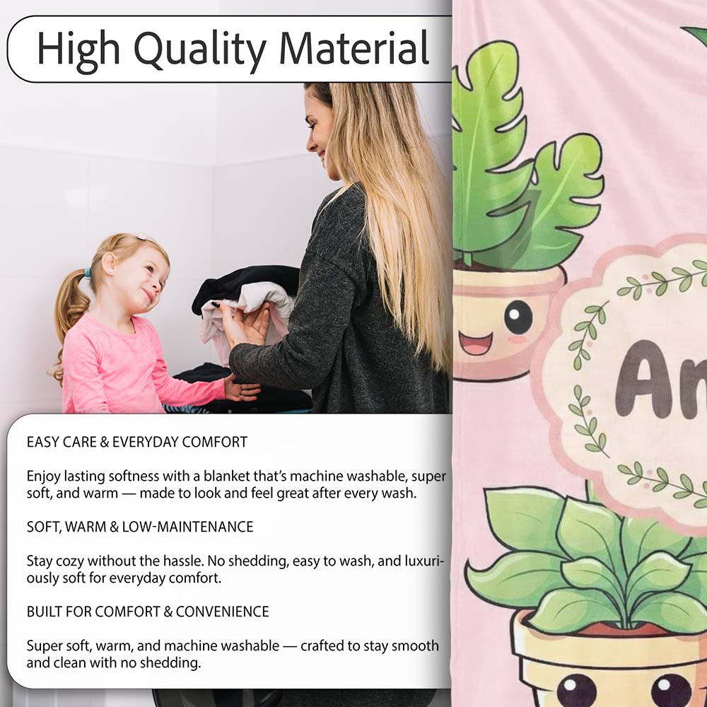 Cute Kawaii Smiling Plant Pots Leaves Seamless Pattern Blush Lovely Personalised Custom Name Super Soft Fleece Blanket Bed Sofa Throw