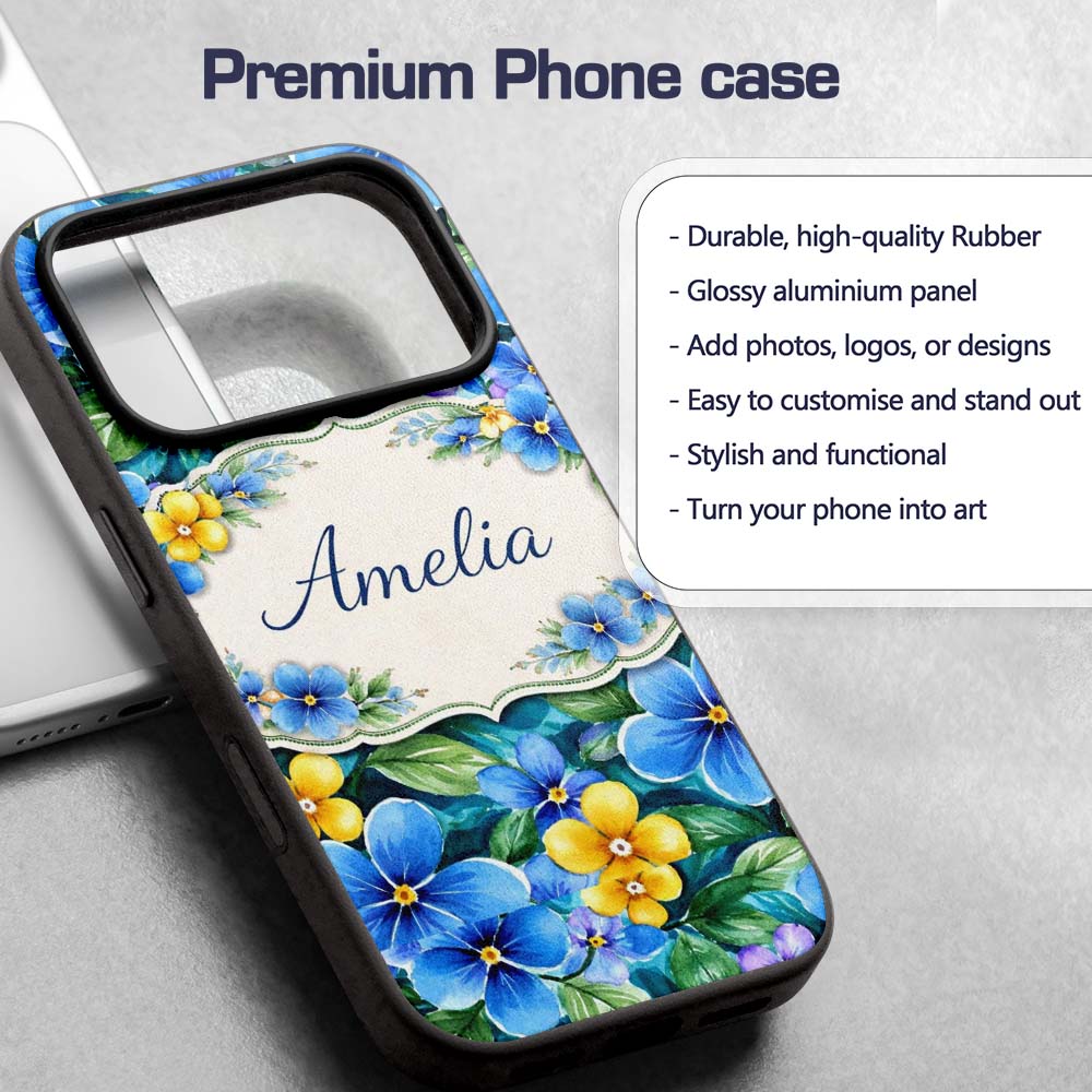 Blue and Yellow Floral Watercolor Garden Seamless Custom Name Protective Phone Case Mobile Cover Durable Everyday Smartphone Shock Resistant