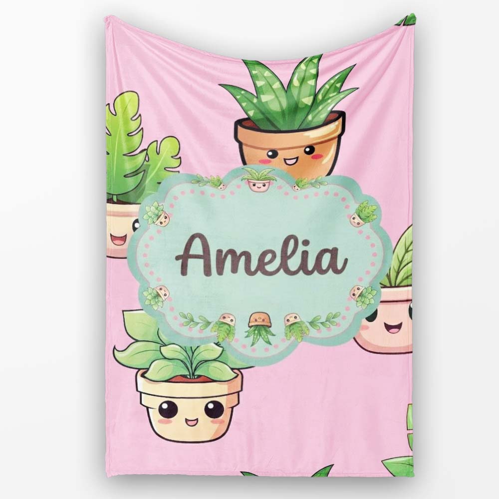 Cute Kawaii Smiling Plant Pots Leaves Seamless Pattern Pink Lovely Personalised Custom Name Super Soft Fleece Blanket Bed Sofa Throw