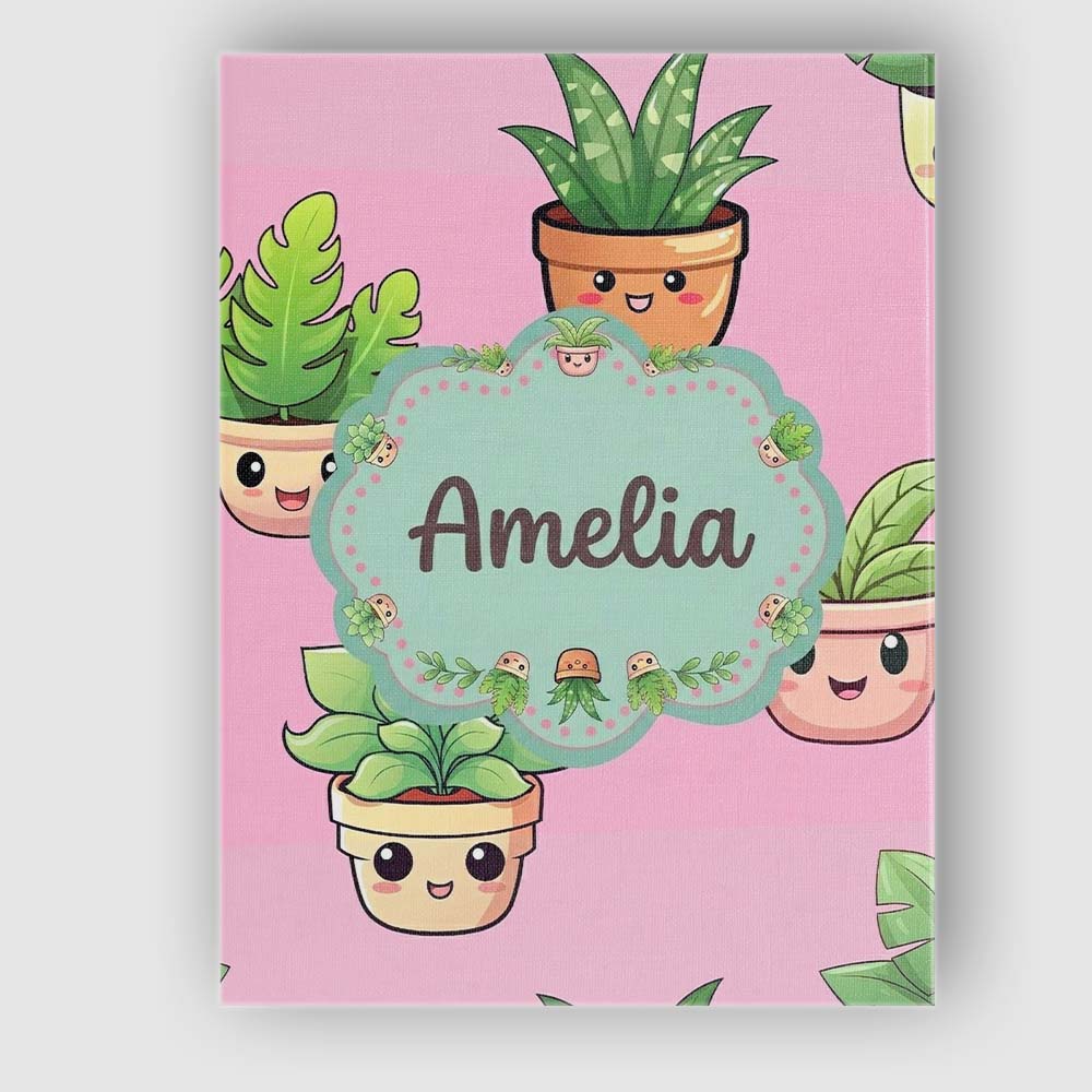 Personalised Name Cute Kawaii Smiling Plant Custom Bespoke Interior Contemporary Canvas Wall Art Print Decor Picture Ready to Hang