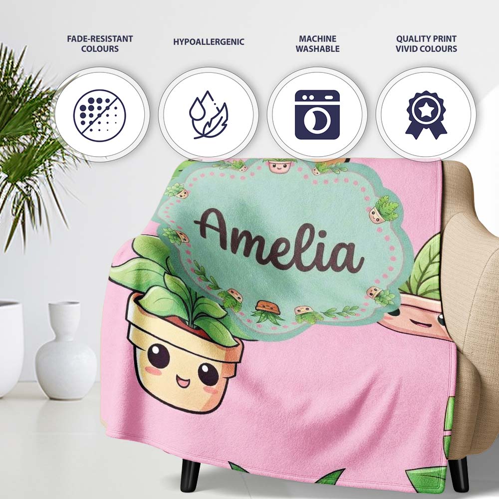 Cute Kawaii Smiling Plant Pots Leaves Seamless Pattern Pink Lovely Personalised Custom Name Super Soft Fleece Blanket Bed Sofa Throw