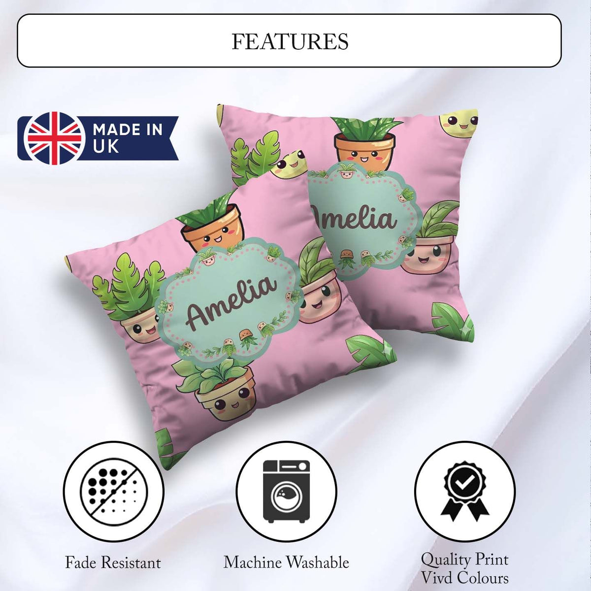 Custom Name Cute Kawaii Smiling Plant Pots Seamless Pattern Pink Square Filled Cushion Throw Pillow Sofa Bed Home Decor Zip Washable UK Made