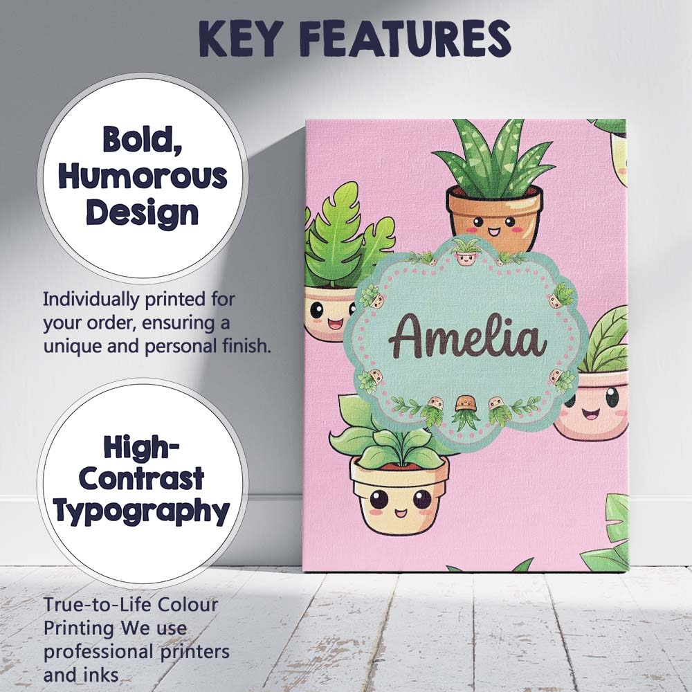 Personalised Name Cute Kawaii Smiling Plant Custom Bespoke Interior Contemporary Canvas Wall Art Print Decor Picture Ready to Hang