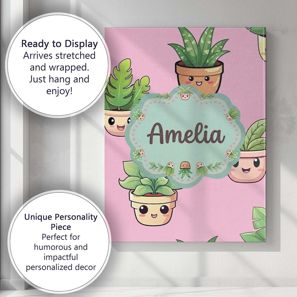 Personalised Name Cute Kawaii Smiling Plant Custom Bespoke Interior Contemporary Canvas Wall Art Print Decor Picture Ready to Hang