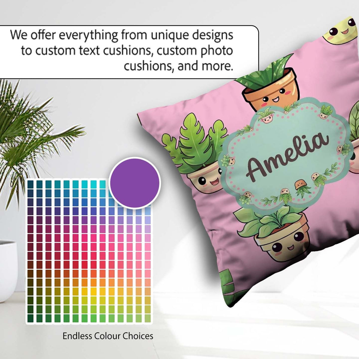 Custom Name Cute Kawaii Smiling Plant Pots Seamless Pattern Pink Square Filled Cushion Throw Pillow Sofa Bed Home Decor Zip Washable UK Made