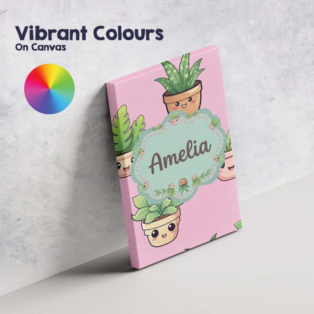 Personalised Name Cute Kawaii Smiling Plant Custom Bespoke Interior Contemporary Canvas Wall Art Print Decor Picture Ready to Hang