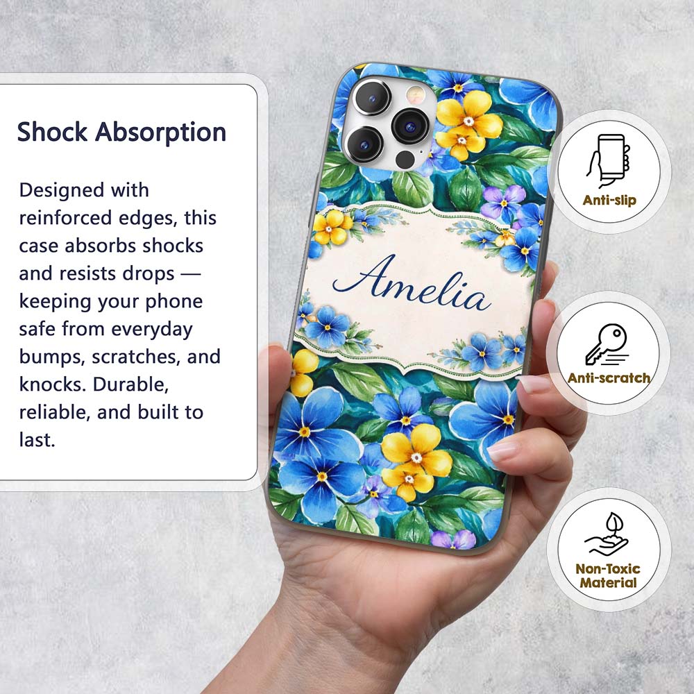 Blue and Yellow Floral Watercolor Garden Seamless Custom Name Protective Phone Case Mobile Cover Durable Everyday Smartphone Shock Resistant