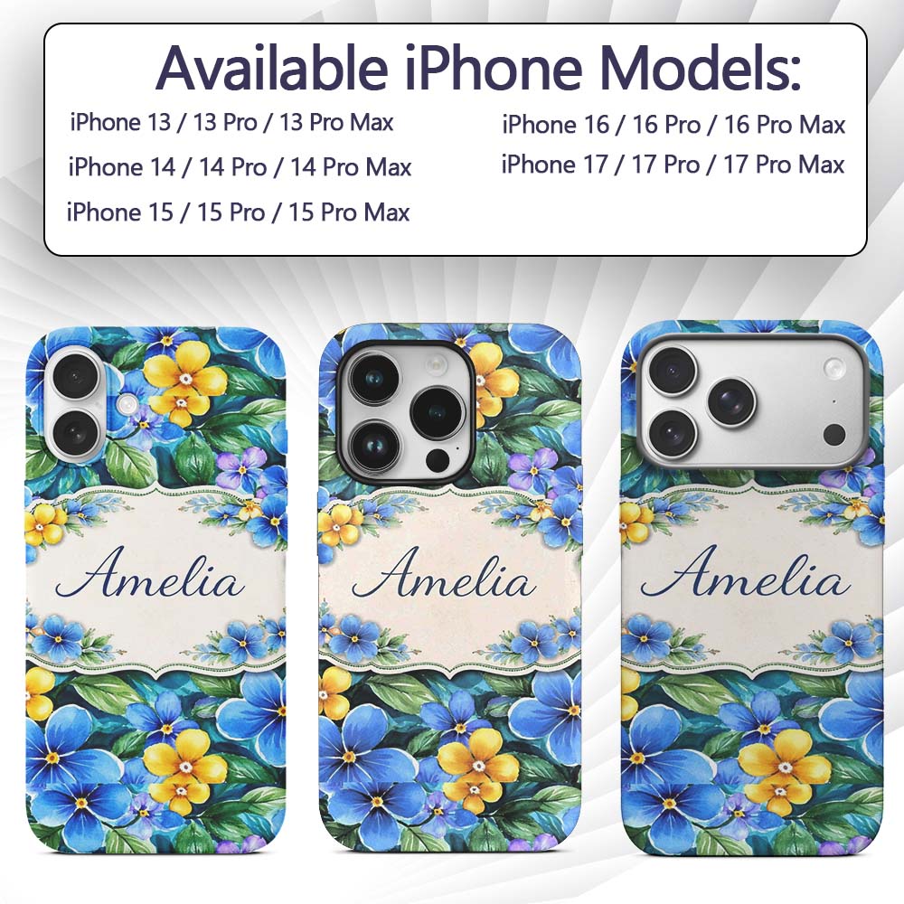Blue and Yellow Floral Watercolor Garden Seamless Custom Name Protective Phone Case Mobile Cover Durable Everyday Smartphone Shock Resistant