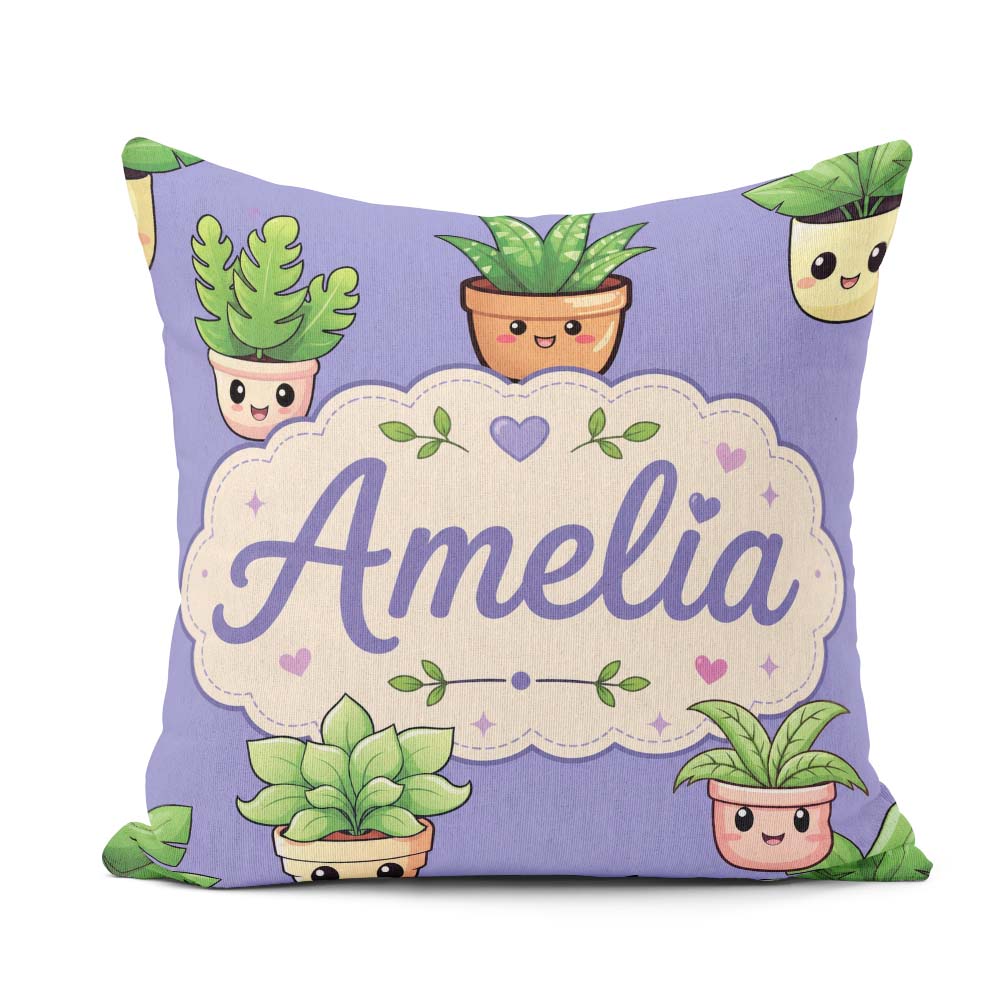 Custom Name Cute Kawaii Smiling Plant Pots Leaves Pattern Purple Square Filled Cushion Throw Pillow Sofa Bed Home Decor Zip Washable UK Made