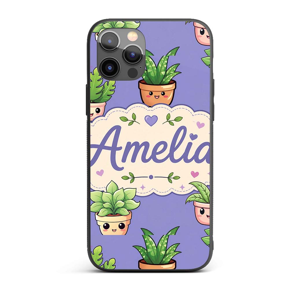 Cute Kawaii Smiling Plant Pots Leaves Seamless Custom Name Protective Phone Case Mobile Cover Durable Everyday Smartphone Shock Resistant