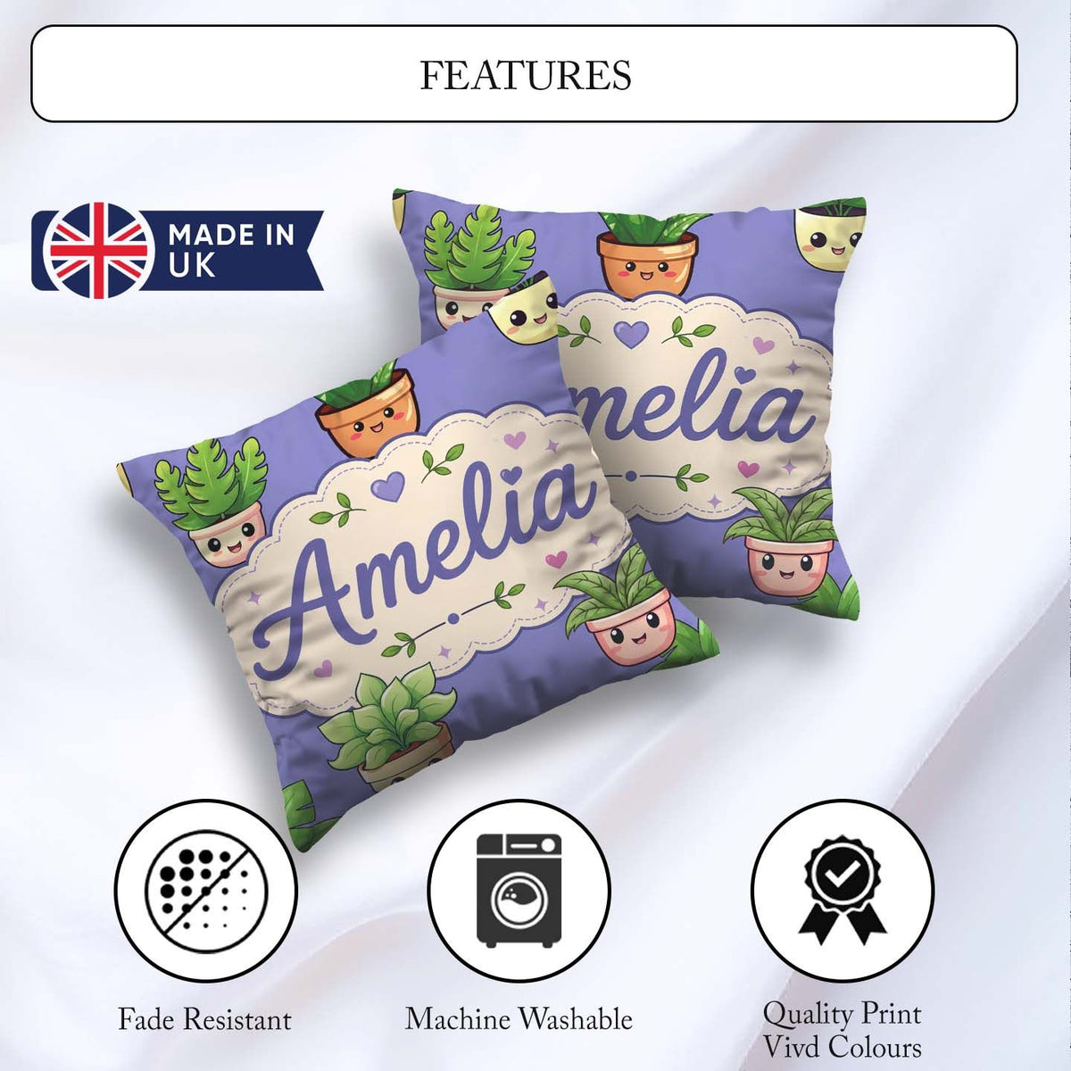 Custom Name Cute Kawaii Smiling Plant Pots Leaves Pattern Purple Square Filled Cushion Throw Pillow Sofa Bed Home Decor Zip Washable UK Made