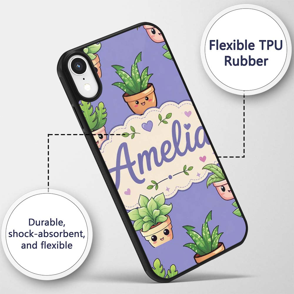 Cute Kawaii Smiling Plant Pots Leaves Seamless Custom Name Protective Phone Case Mobile Cover Durable Everyday Smartphone Shock Resistant