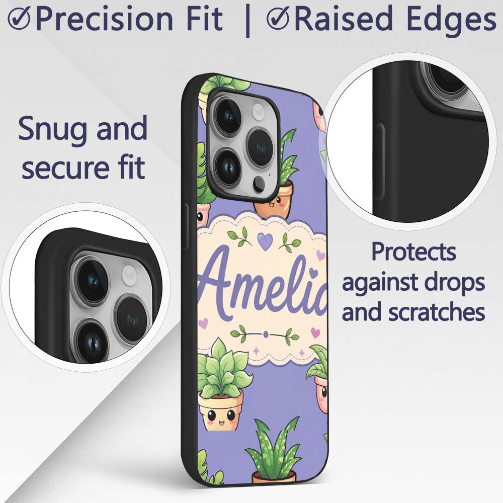 Cute Kawaii Smiling Plant Pots Leaves Seamless Custom Name Protective Phone Case Mobile Cover Durable Everyday Smartphone Shock Resistant