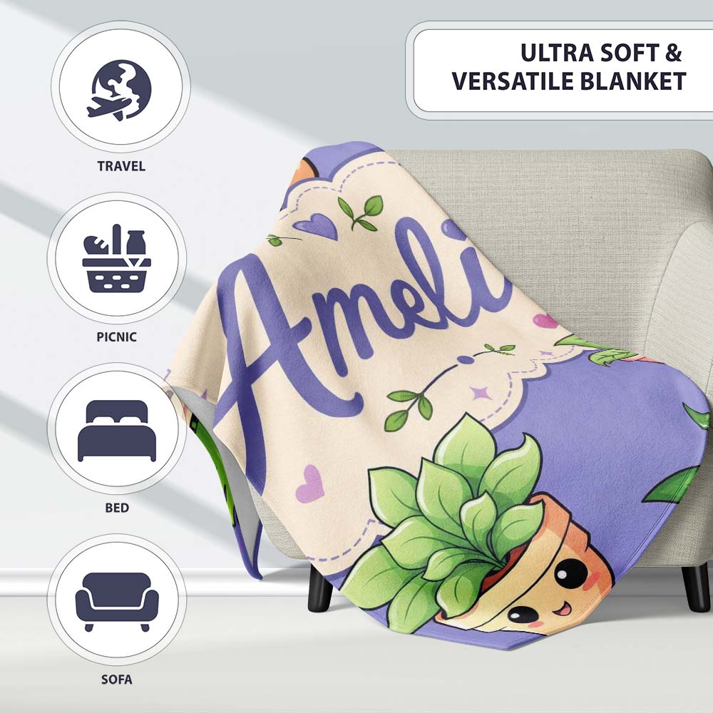 Cute Kawaii Smiling Plant Pots Leaves Seamless Pattern Purple Lovely Personalised Custom Name Super Soft Fleece Blanket Bed Sofa Throw