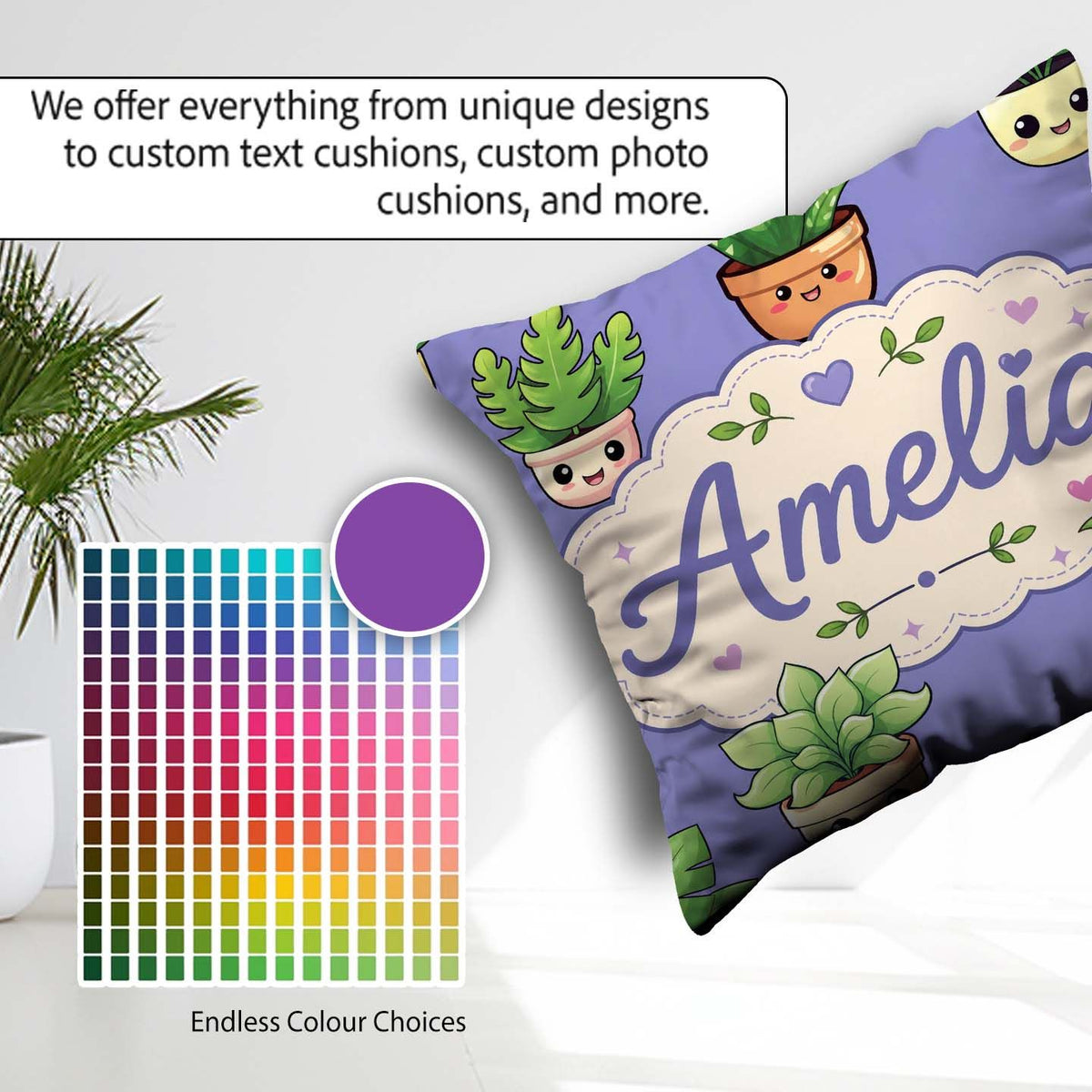 Custom Name Cute Kawaii Smiling Plant Pots Leaves Pattern Purple Square Filled Cushion Throw Pillow Sofa Bed Home Decor Zip Washable UK Made