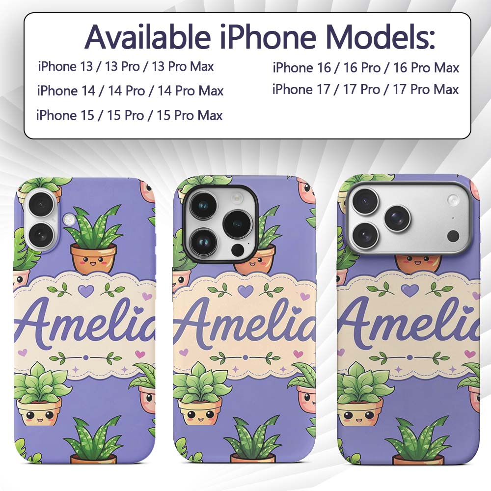 Cute Kawaii Smiling Plant Pots Leaves Seamless Custom Name Protective Phone Case Mobile Cover Durable Everyday Smartphone Shock Resistant