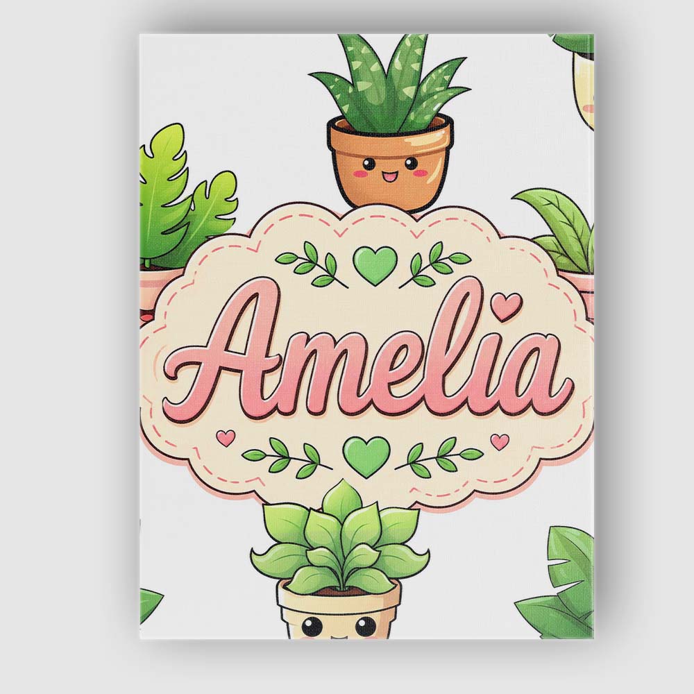Personalised Name Cute Kawaii Smiling Plant Custom Bespoke Interior Contemporary Canvas Wall Art Print Decor Picture Ready to Hang