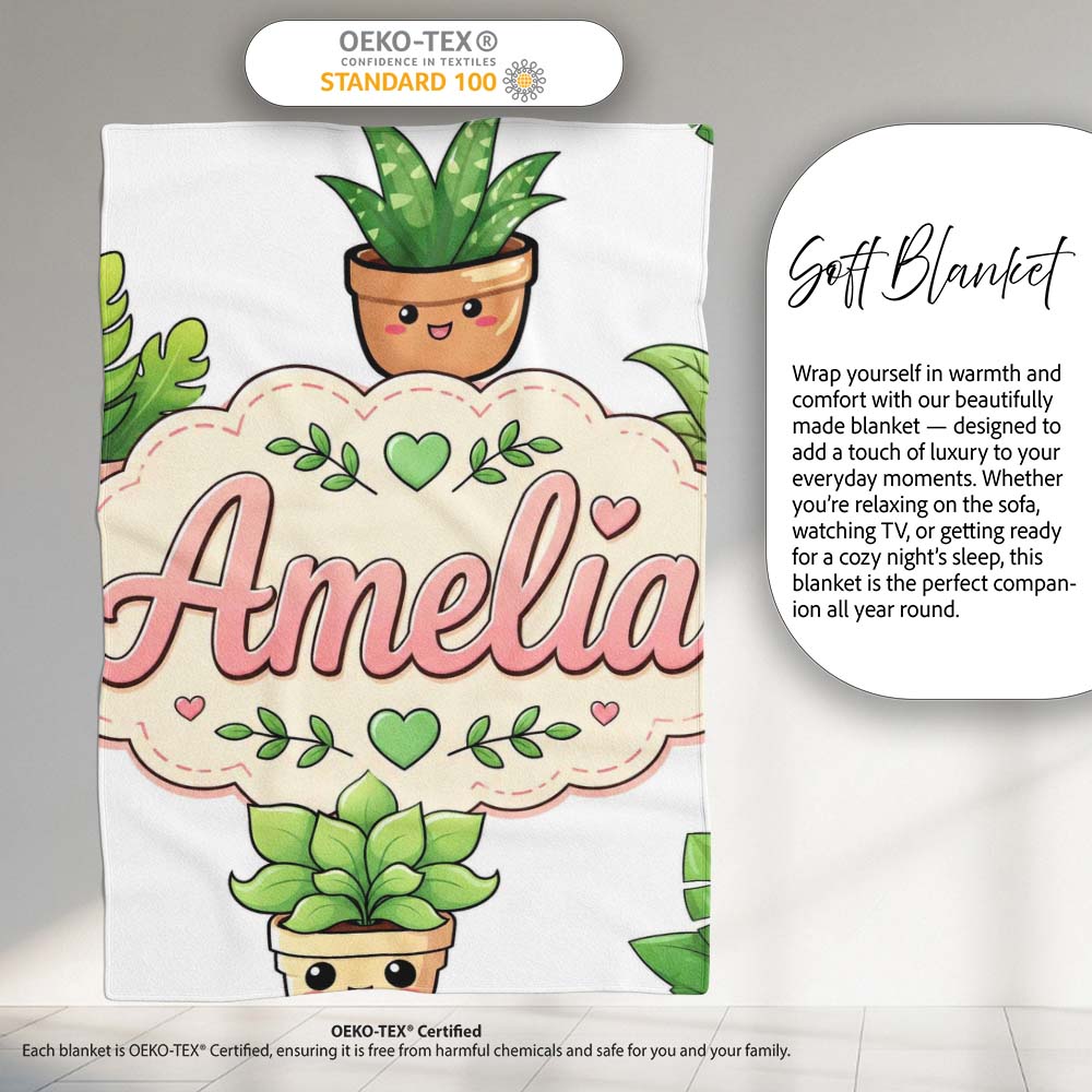 Cute Kawaii Smiling Plant Pots Leaves Seamless Pattern Grey Lovely Personalised Custom Name Super Soft Fleece Blanket Bed Sofa Throw
