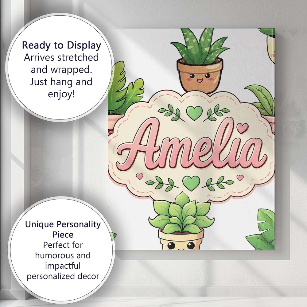Personalised Name Cute Kawaii Smiling Plant Custom Bespoke Interior Contemporary Canvas Wall Art Print Decor Picture Ready to Hang
