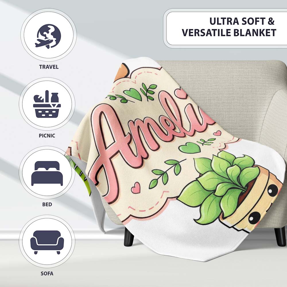 Cute Kawaii Smiling Plant Pots Leaves Seamless Pattern Grey Lovely Personalised Custom Name Super Soft Fleece Blanket Bed Sofa Throw