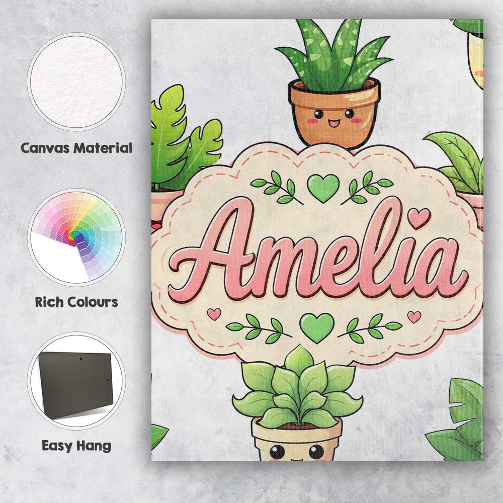 Personalised Name Cute Kawaii Smiling Plant Custom Bespoke Interior Contemporary Canvas Wall Art Print Decor Picture Ready to Hang