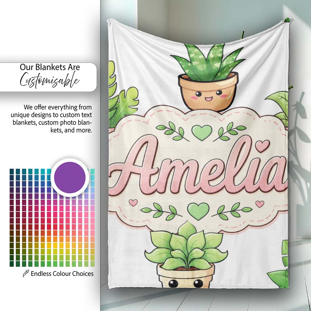 Cute Kawaii Smiling Plant Pots Leaves Seamless Pattern Grey Lovely Personalised Custom Name Super Soft Fleece Blanket Bed Sofa Throw