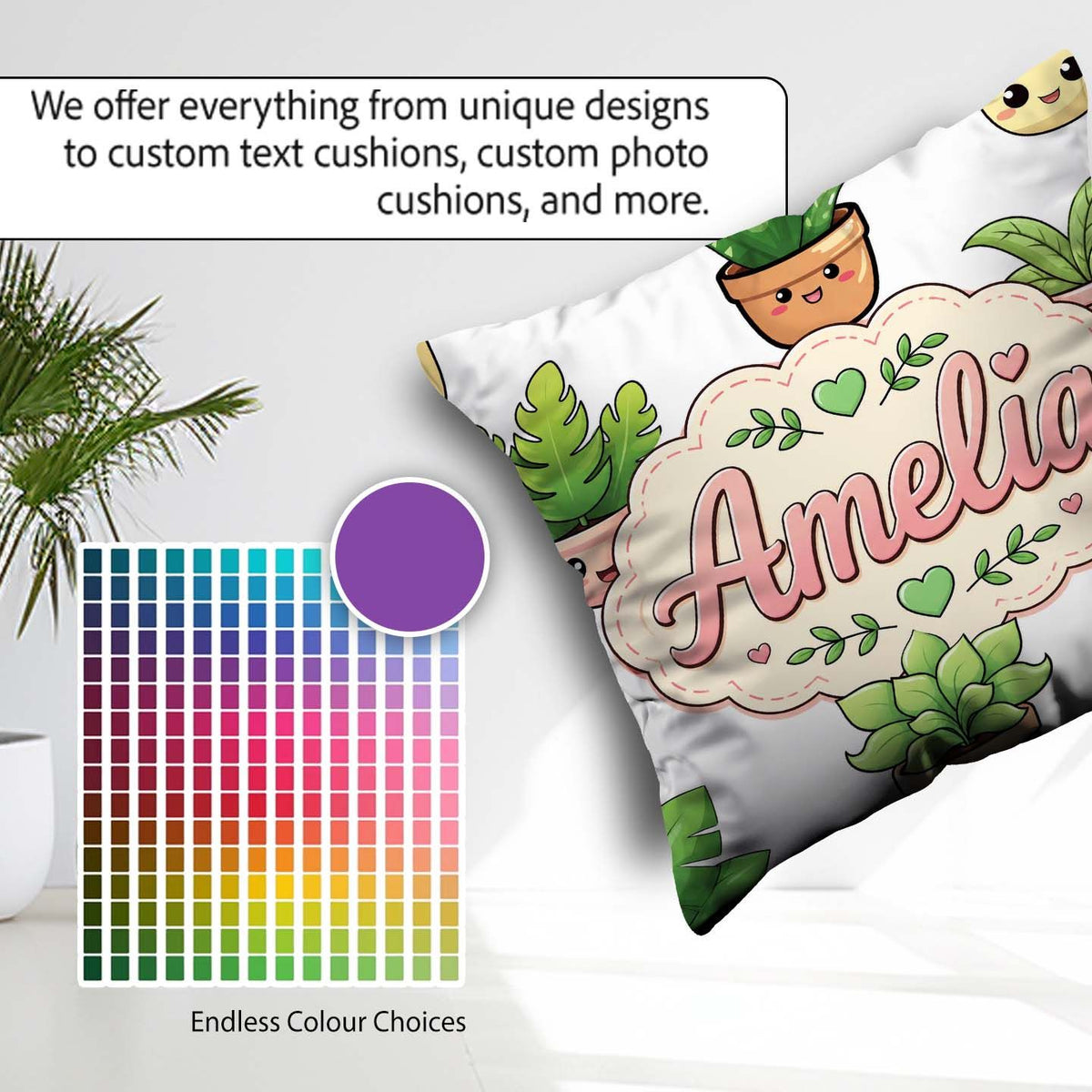 Custom Name Cute Kawaii Smiling Plant Pots Seamless Pattern Grey Square Filled Cushion Throw Pillow Sofa Bed Home Decor Zip Washable UK Made