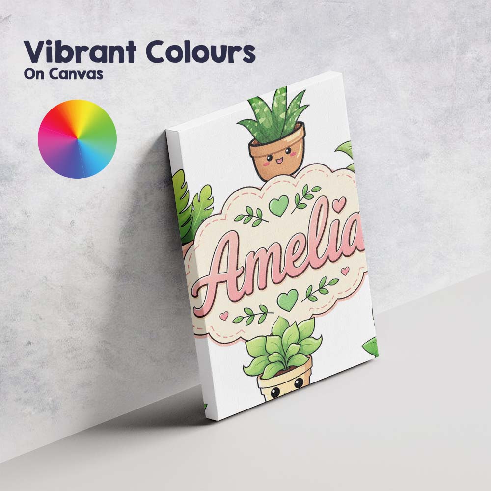 Personalised Name Cute Kawaii Smiling Plant Custom Bespoke Interior Contemporary Canvas Wall Art Print Decor Picture Ready to Hang