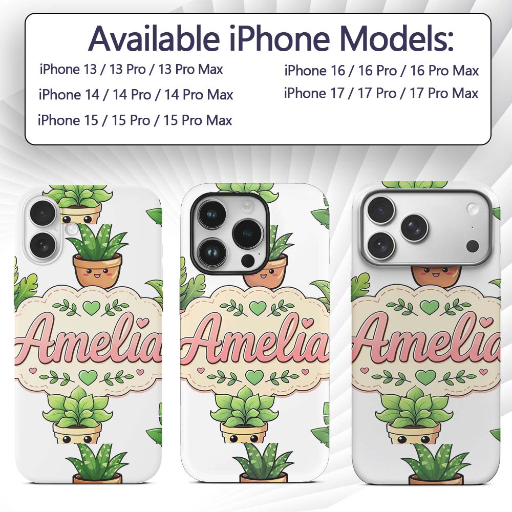 Cute Kawaii Smiling Plant Pots Leaves Seamless Custom Name Protective Phone Case Mobile Cover Durable Everyday Smartphone Shock Resistant