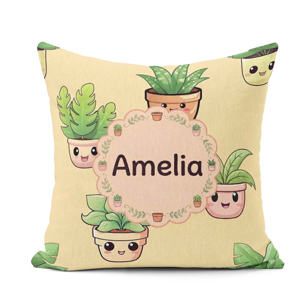 Custom Name Cute Kawaii Smiling Plant Pots Leaves Pattern Yellow Square Filled Cushion Throw Pillow Sofa Bed Home Decor Zip Washable UK Made