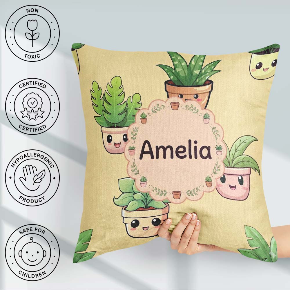 Custom Name Cute Kawaii Smiling Plant Pots Leaves Pattern Yellow Square Filled Cushion Throw Pillow Sofa Bed Home Decor Zip Washable UK Made