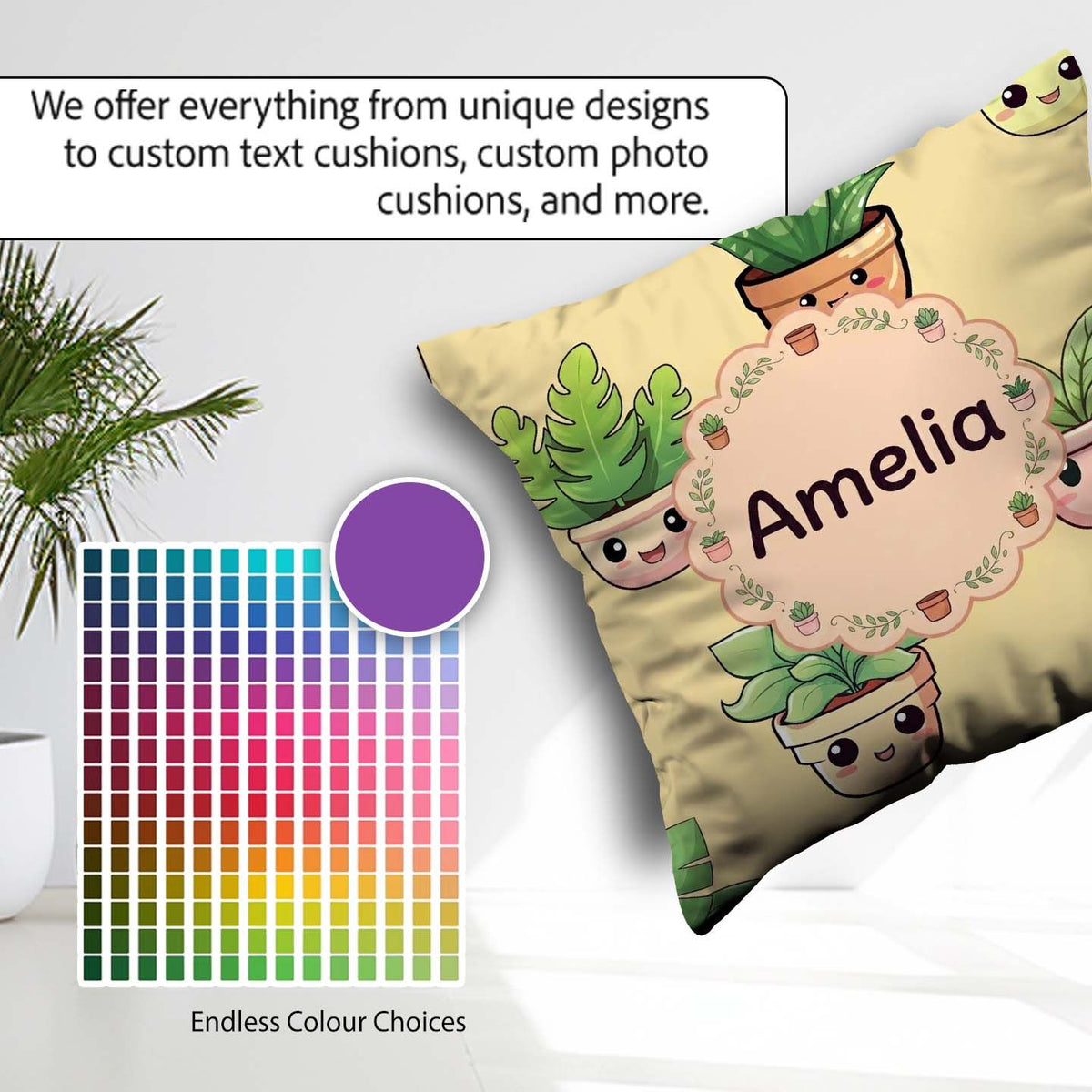 Custom Name Cute Kawaii Smiling Plant Pots Leaves Pattern Yellow Square Filled Cushion Throw Pillow Sofa Bed Home Decor Zip Washable UK Made