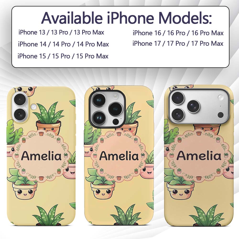 Cute Kawaii Smiling Plant Pots Leaves Seamless Custom Name Protective Phone Case Mobile Cover Durable Everyday Smartphone Shock Resistant