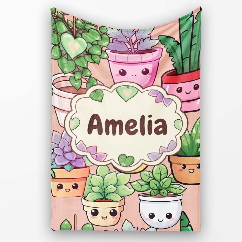Cute Kawaii Smiling Plant Pots Succulents Leaves Pattern Peach Personalised Custom Name Super Soft Fleece Blanket Bed Sofa Throw