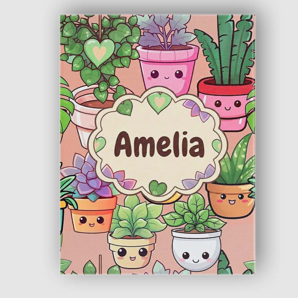 Personalised Name Cute Kawaii Smiling Plant Custom Bespoke Interior Contemporary Canvas Wall Art Print Decor Picture Ready to Hang