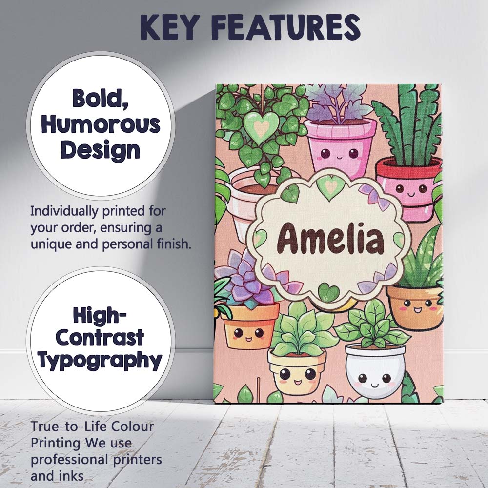 Personalised Name Cute Kawaii Smiling Plant Custom Bespoke Interior Contemporary Canvas Wall Art Print Decor Picture Ready to Hang