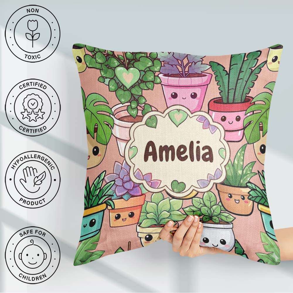 Custom Name Cute Kawaii Smiling Plant Pots Leaves Pattern Peach Square Filled Cushion Throw Pillow Sofa Bed Home Decor Zip Washable UK Made