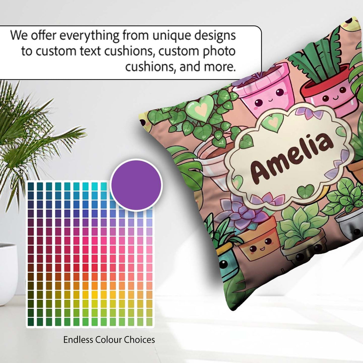 Custom Name Cute Kawaii Smiling Plant Pots Leaves Pattern Peach Square Filled Cushion Throw Pillow Sofa Bed Home Decor Zip Washable UK Made