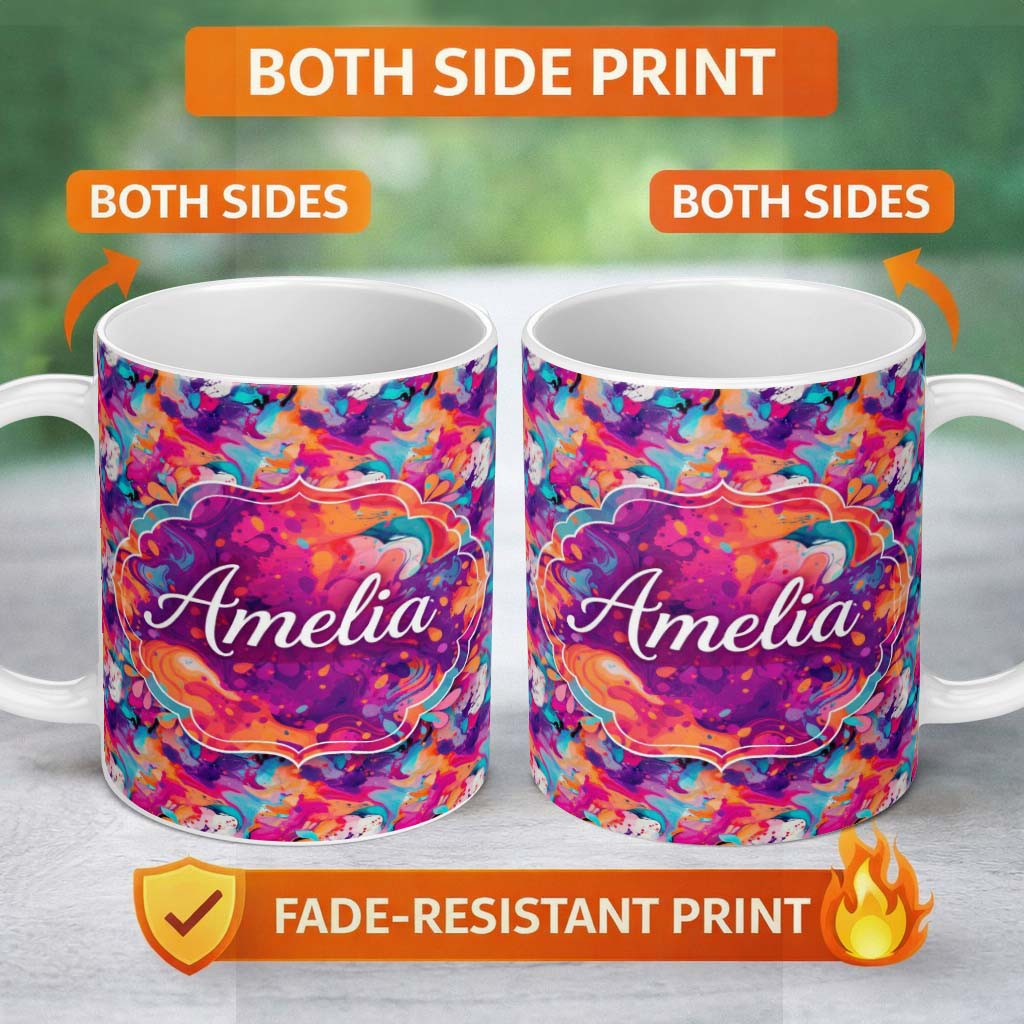 Personalized Custom Name Colourful Liquid Marble Swirl Pink Purple Orange Abstract Pattern 11oz Ceramic Coffee Tea Mug White Large Handle