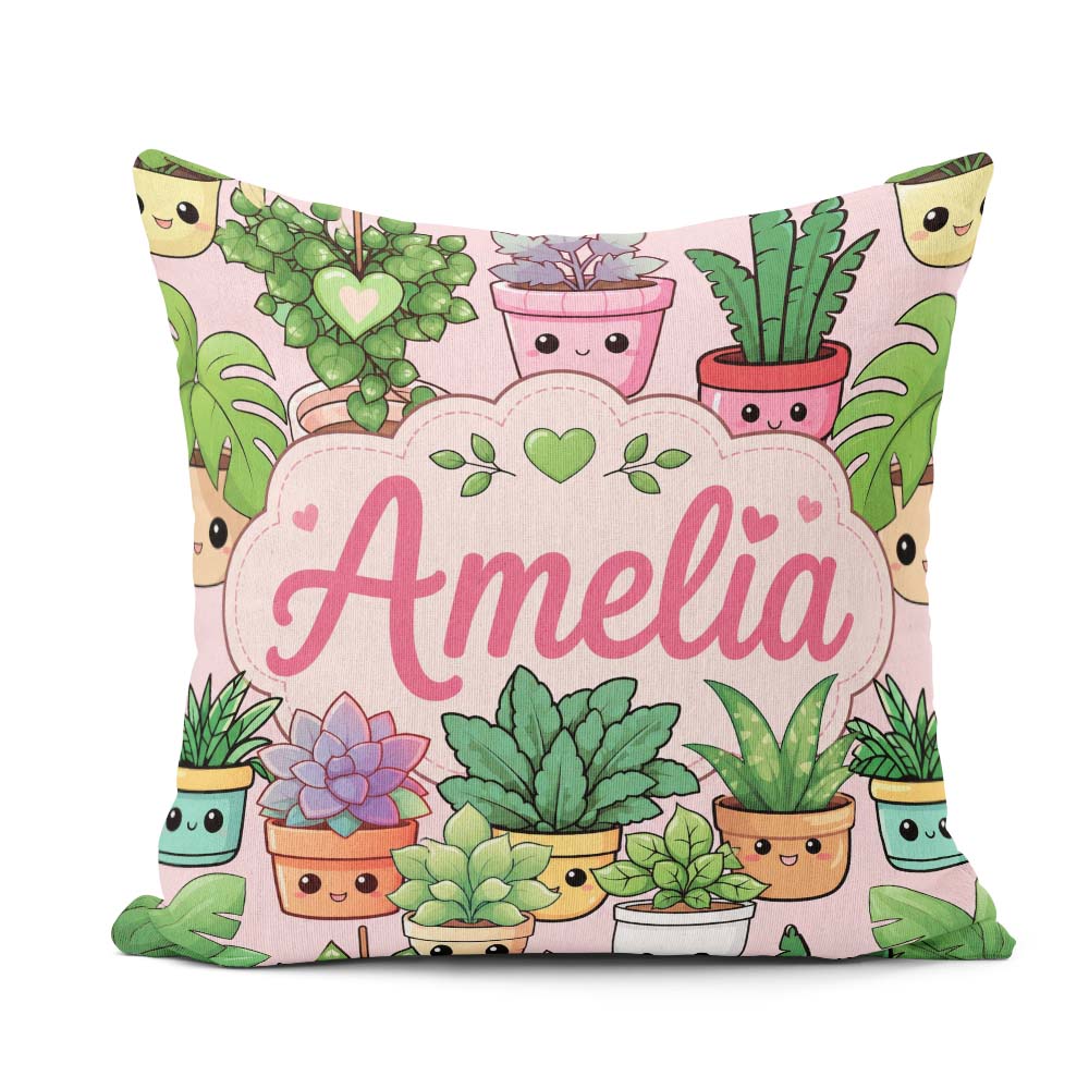 Custom Name Cute Kawaii Smiling Plant Pots Leaves Pattern Blush Square Filled Cushion Throw Pillow Sofa Bed Home Decor Zip Washable UK Made